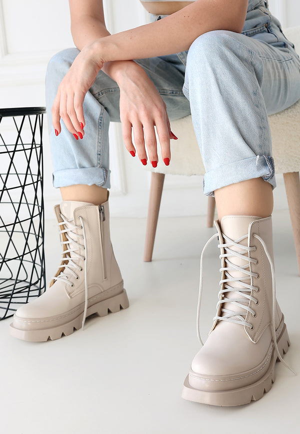 Scarpax Orge Bej Cilt Bağcıklı Bot