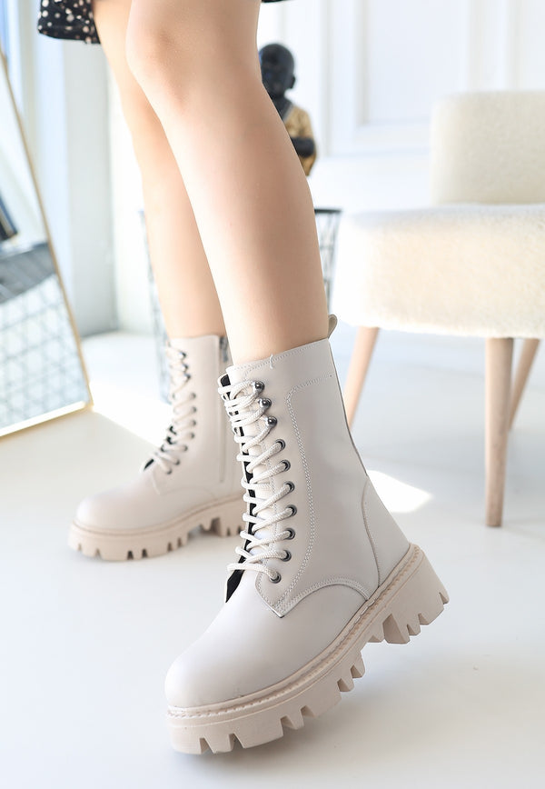 Scarpax Neole Bej Cilt Bağcıklı Bot