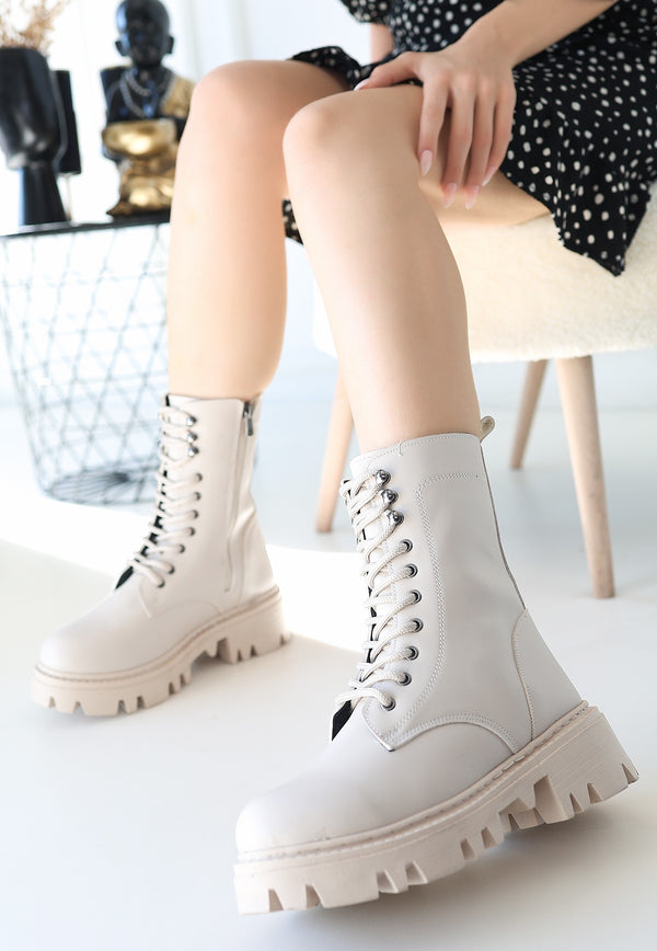 Scarpax Neole Bej Cilt Bağcıklı Bot