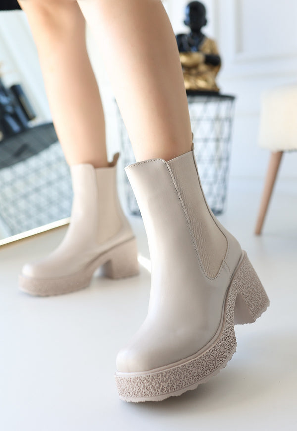 Scarpax Paigo Bej Cilt Topuklu Bot