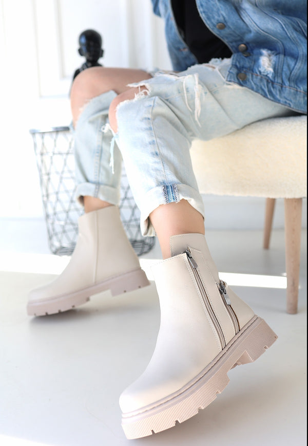 Scarpax Menta Bej Cilt Fermuar Aksesuarlı Bot