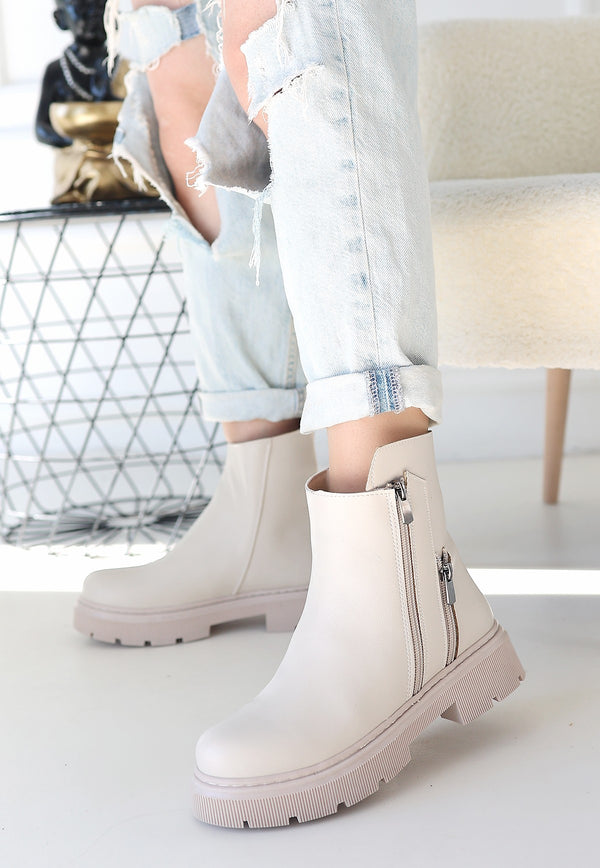 Scarpax Menta Bej Cilt Fermuar Aksesuarlı Bot