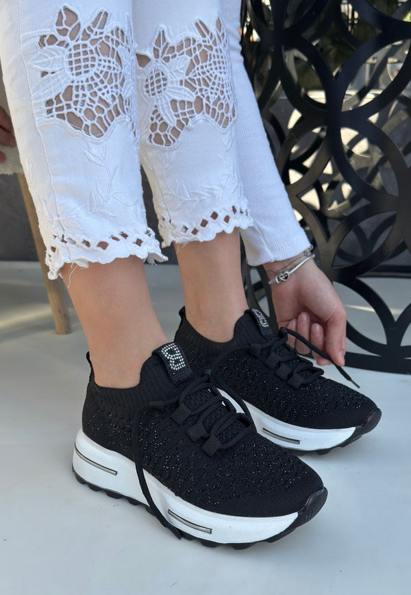 Scarpax Cilla Siyah Triko Boncuk İşlemeli Spor Ayakkabı