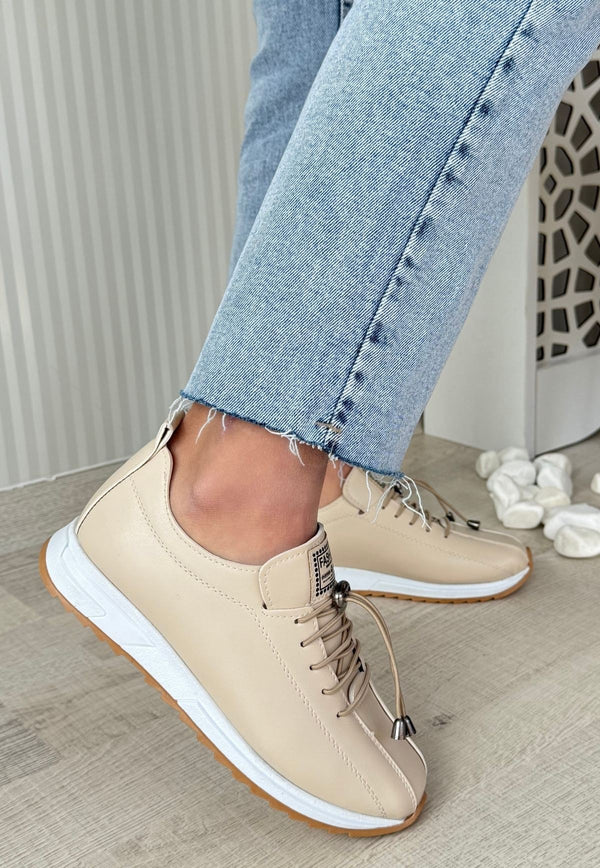 Scarpax Monya Bej Cilt Bağcıklı Spor Ayakkabı