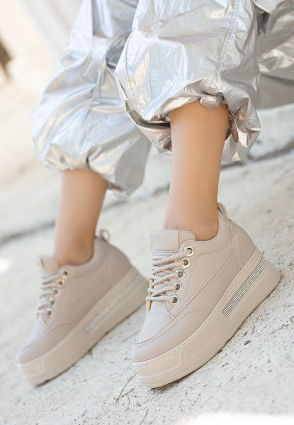 Scarpax Lulu Bej Cilt Bağcıklı Spor Ayakkabı