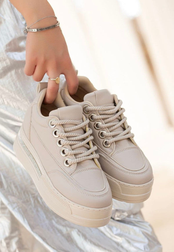 Scarpax Lulu Bej Cilt Bağcıklı Spor Ayakkabı