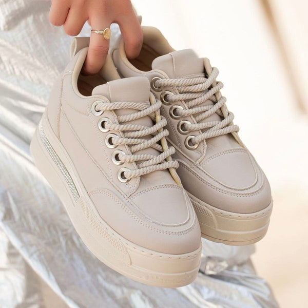 Scarpax Lulu Bej Cilt Bağcıklı Spor Ayakkabı