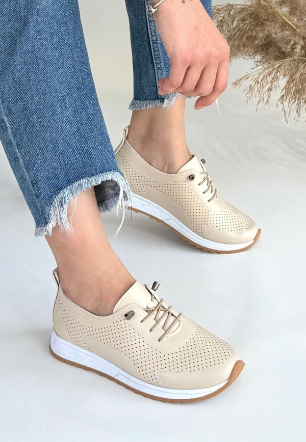 Scarpax Tone Bej Cilt Bağcıklı Spor Ayakkabı