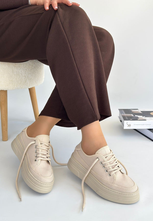 Scarpax Carin Bej Keten Bağcıklı Spor Ayakkabı