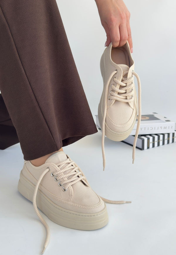 Scarpax Carin Bej Keten Bağcıklı Spor Ayakkabı