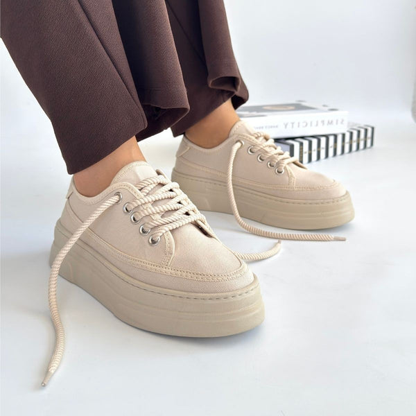 Scarpax Carin Bej Keten Bağcıklı Spor Ayakkabı