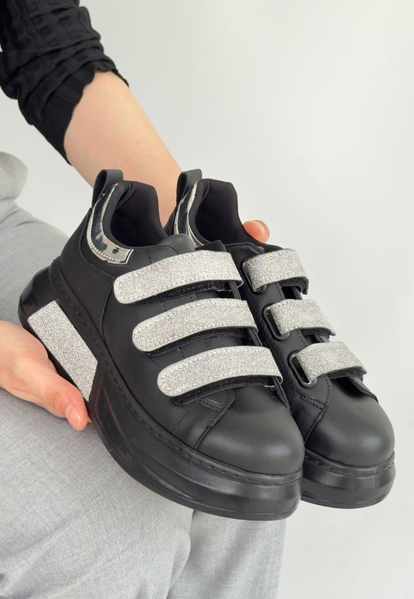 Scarpax Elika Siyah Cilt Simli Cırt Cırtlı Spor Ayakkabı