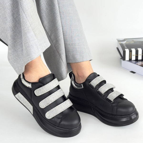 Scarpax Elika Siyah Cilt Simli Cırt Cırtlı Spor Ayakkabı