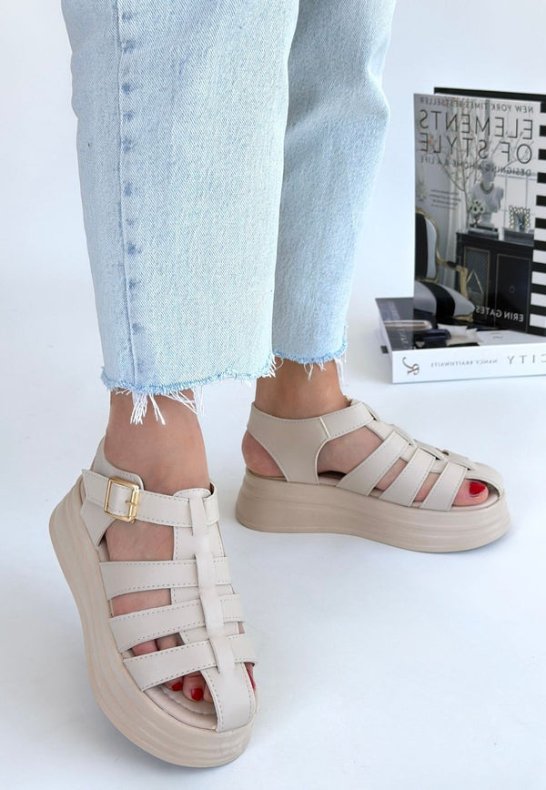 Scarpax Toten Bej Cilt Kemerli Sandalet