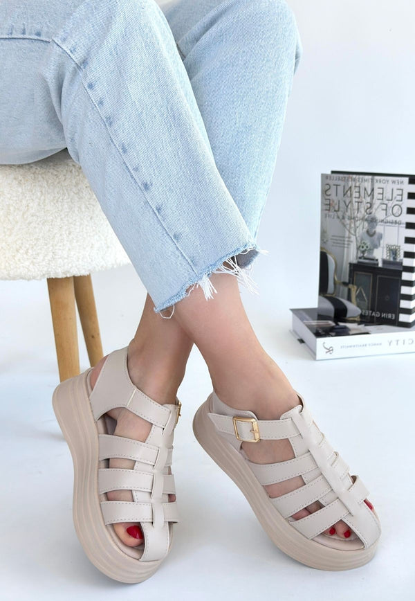 Scarpax Toten Bej Cilt Kemerli Sandalet