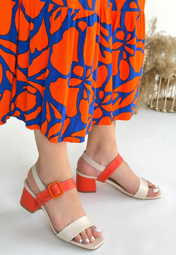 Scarpax Year Bej Cilt Turuncu Detaylı Turuncu Topuklu Topuklu Ayakkabı