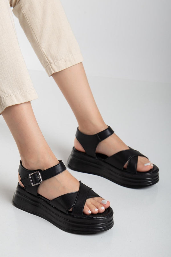 Scarpax Sibna Siyah Cilt Kemerli Sandalet