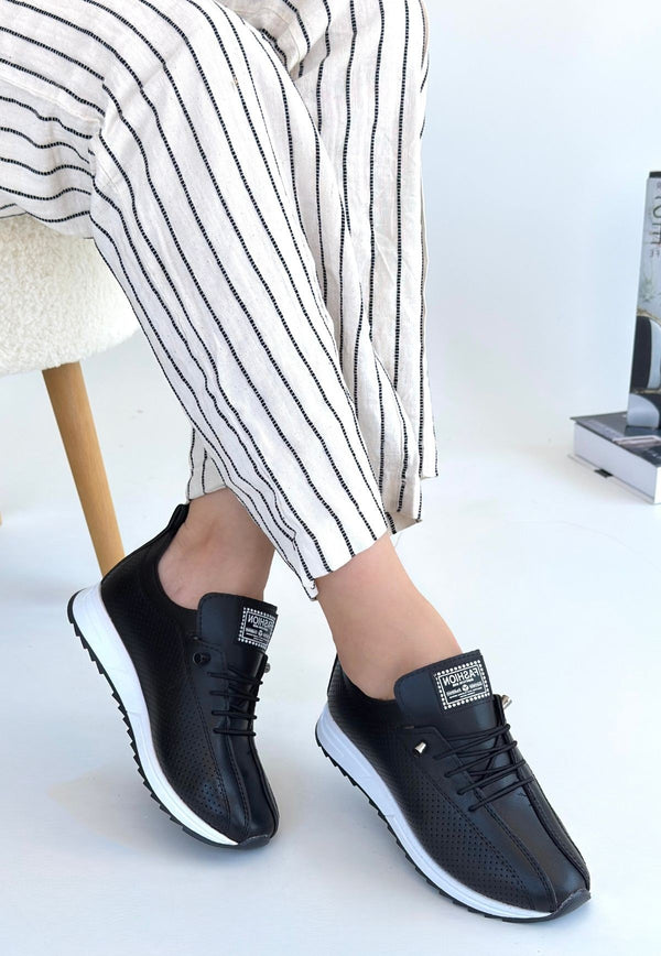 Scarpax Fiert Siyah Cilt Bağcıklı Spor Ayakkabı