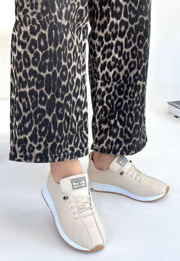 Scarpax Fiert Bej Cilt Bağcıklı Spor Ayakkabı