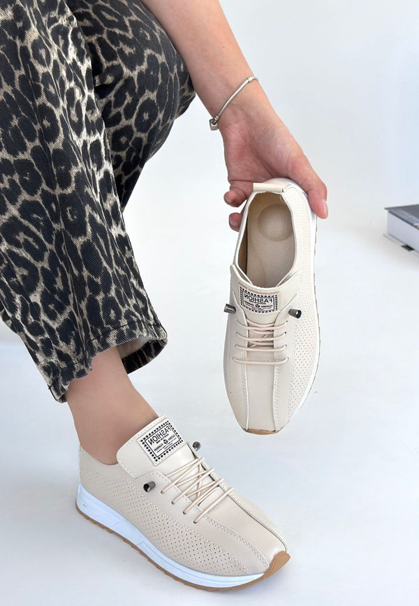 Scarpax Fiert Bej Cilt Bağcıklı Spor Ayakkabı