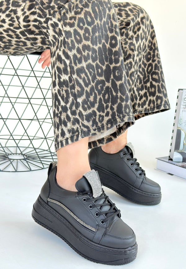 Scarpax Leope Siyah Cilt Bağcıklı Spor Ayakkabı