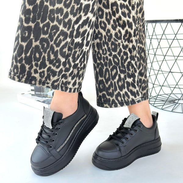 Scarpax Leope Siyah Cilt Bağcıklı Spor Ayakkabı