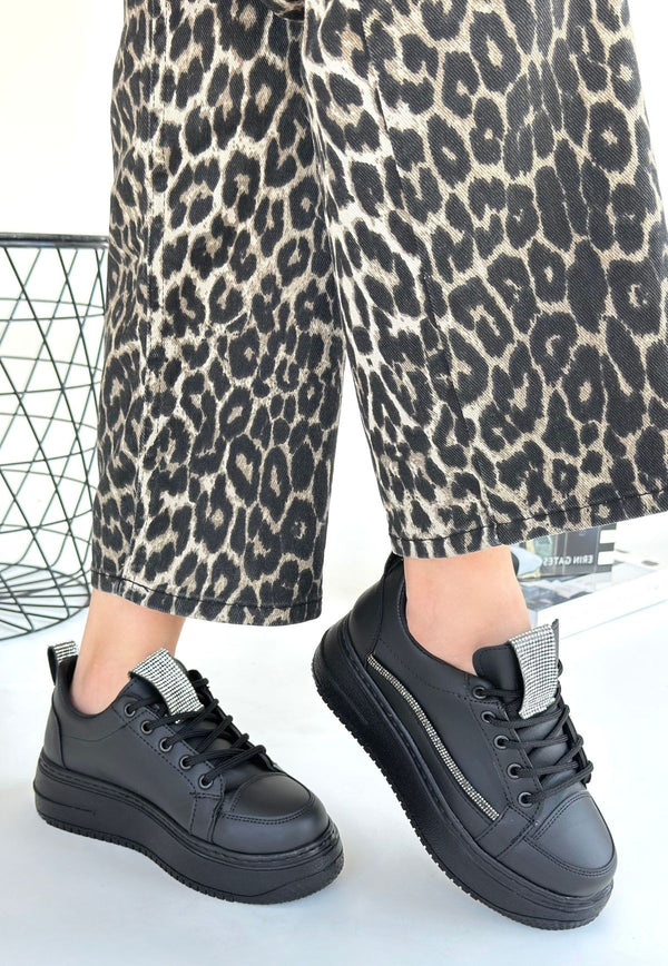 Scarpax Leope Siyah Cilt Bağcıklı Spor Ayakkabı