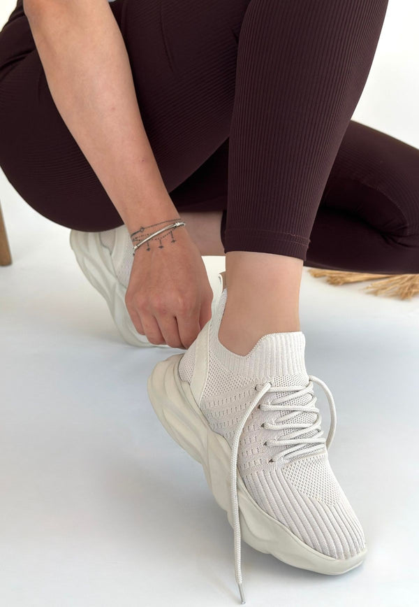 Scarpax Henta Bej Triko Bağcıklı Spor Ayakkabı