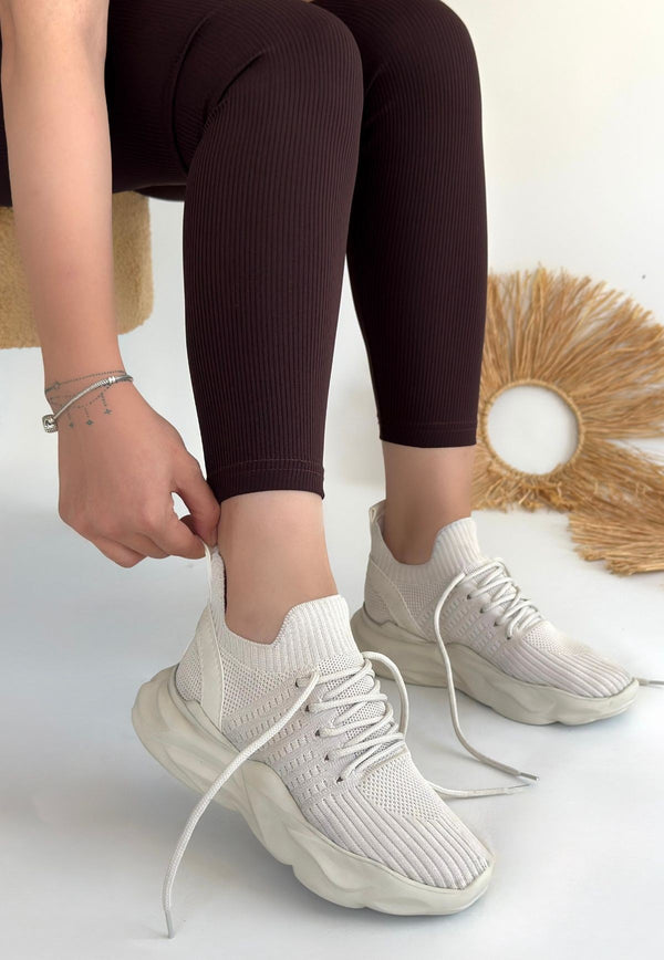 Scarpax Henta Bej Triko Bağcıklı Spor Ayakkabı