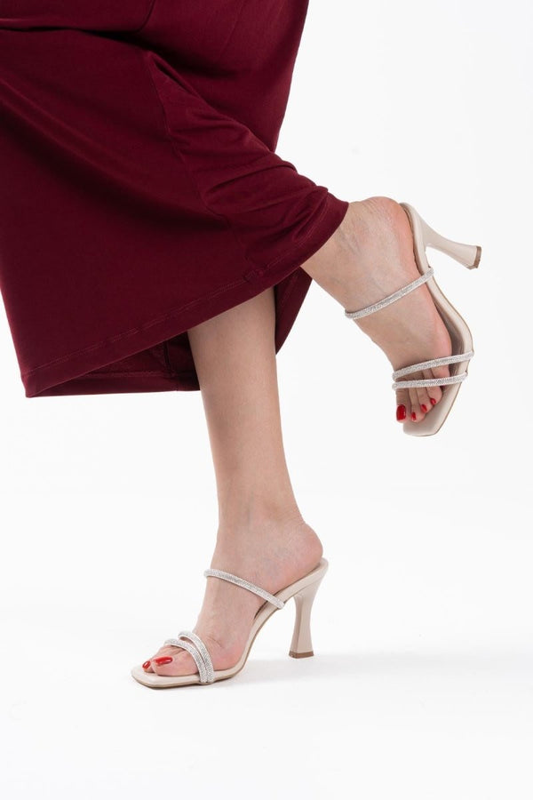 Scarpax Alvina Bej Taşlı İnce Bantlı Kadın Topuklu Terlik