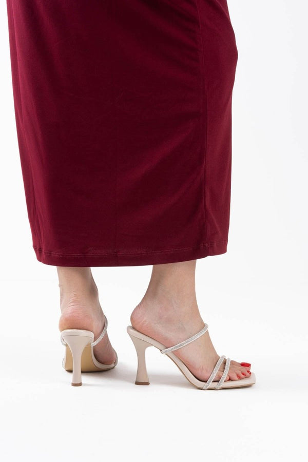 Scarpax Alvina Bej Taşlı İnce Bantlı Kadın Topuklu Terlik