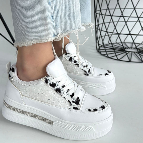 Scarpax Lawin Beyaz Cilt Beyaz Simli Bağcıklı Spor Ayakkabı