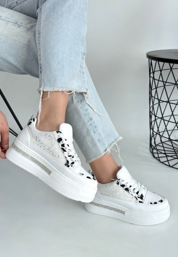 Scarpax Lawin Beyaz Cilt Beyaz Simli Bağcıklı Spor Ayakkabı