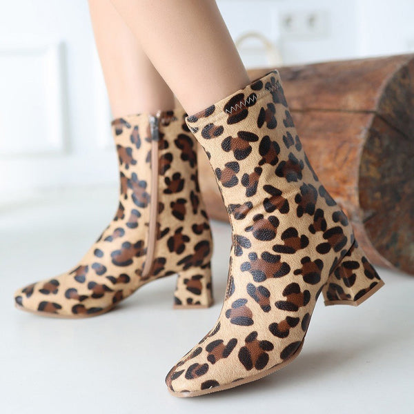 Scarpax Birta Leopar Cilt Streç Topuklu Bot - SCARPAX