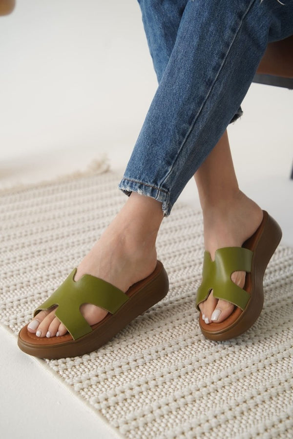 Scarpax Borlina Haki Yeşil Hakiki Deri Terlik