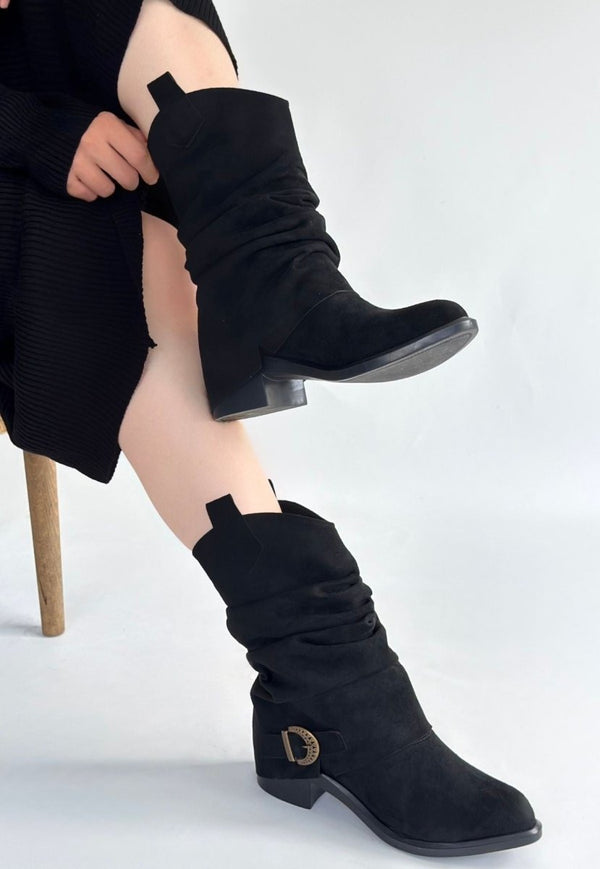 Scarpax Canty Siyah Süet Körüklü Topuklu Çizme