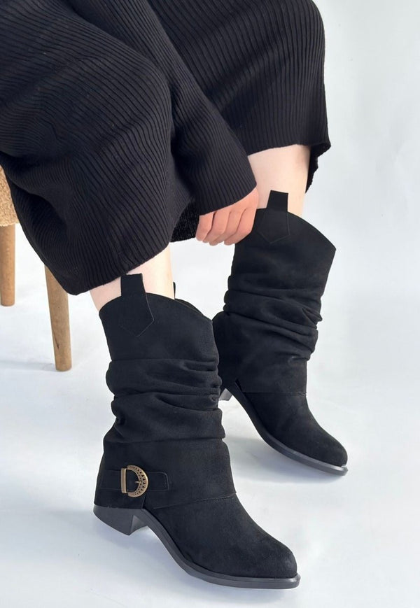 Scarpax Canty Siyah Süet Körüklü Topuklu Çizme