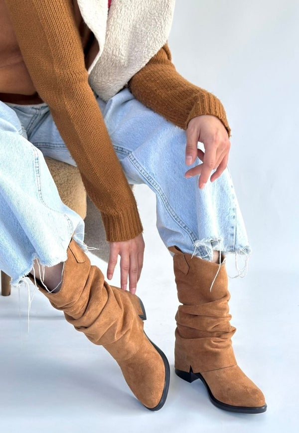 Scarpax Canty Taba Süet Körüklü Topuklu Çizme