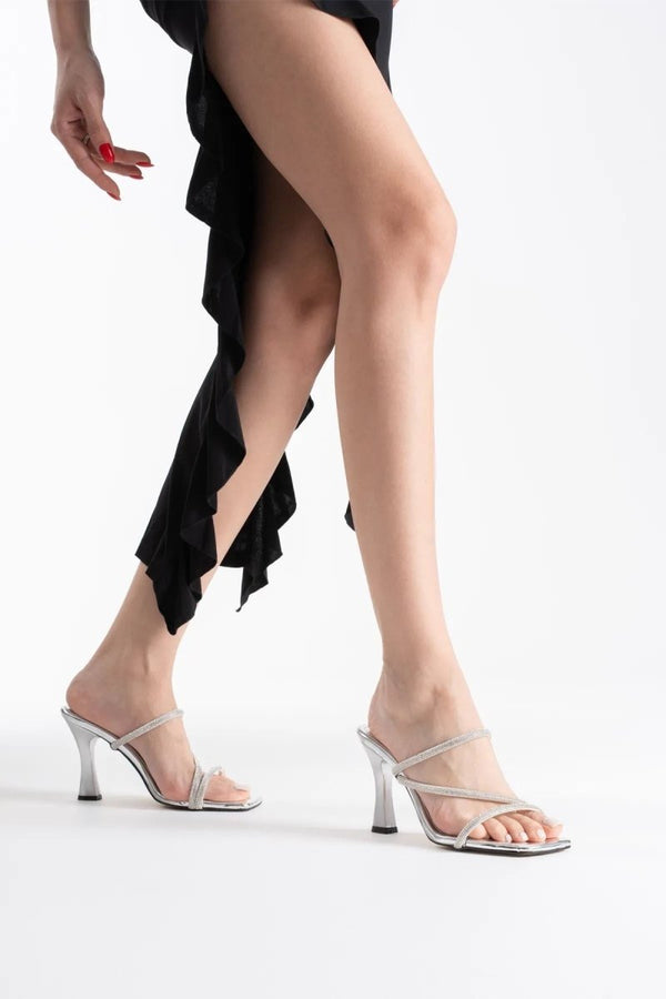 Scarpax Capella Gümüş Kadın Taşlı Topuklu Terlik