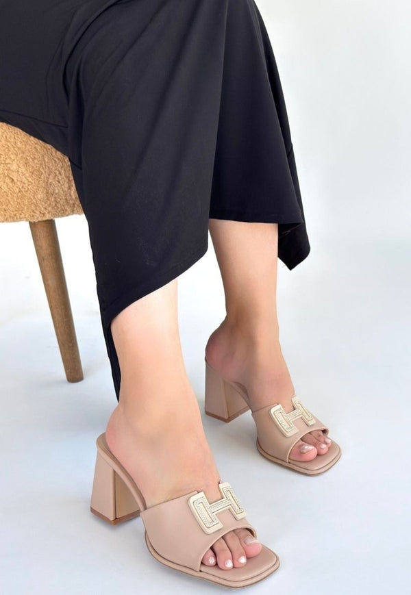 Scarpax Caren Bej Cilt Topuklu Terlik