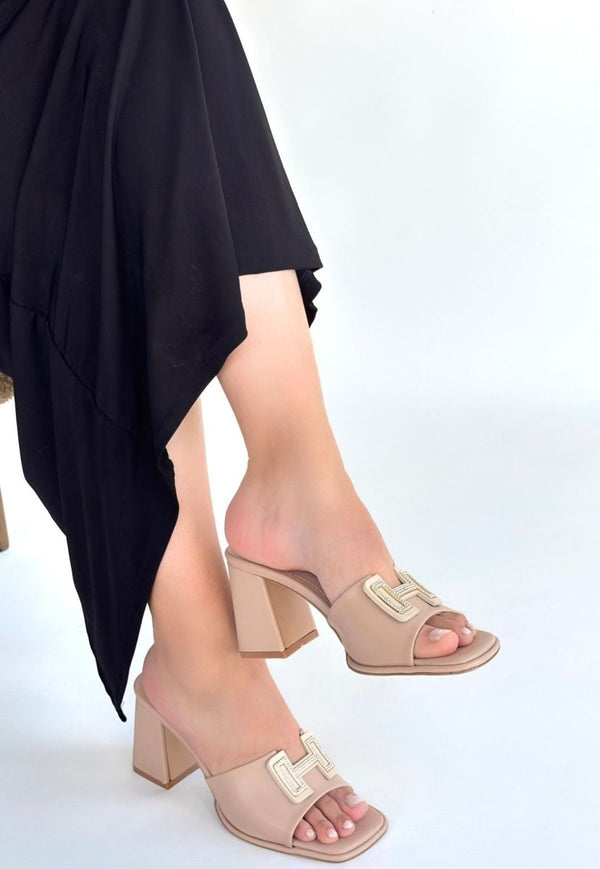 Scarpax Caren Bej Cilt Topuklu Terlik