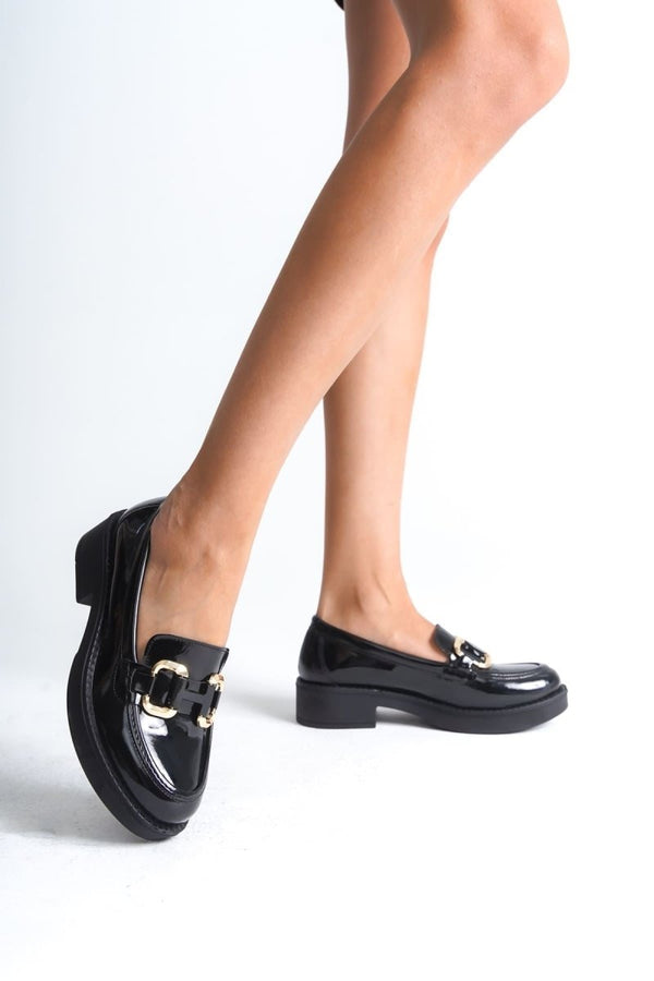 Scarpax Caro Rugan Siyah Gold Tokalı Kadın Loafer