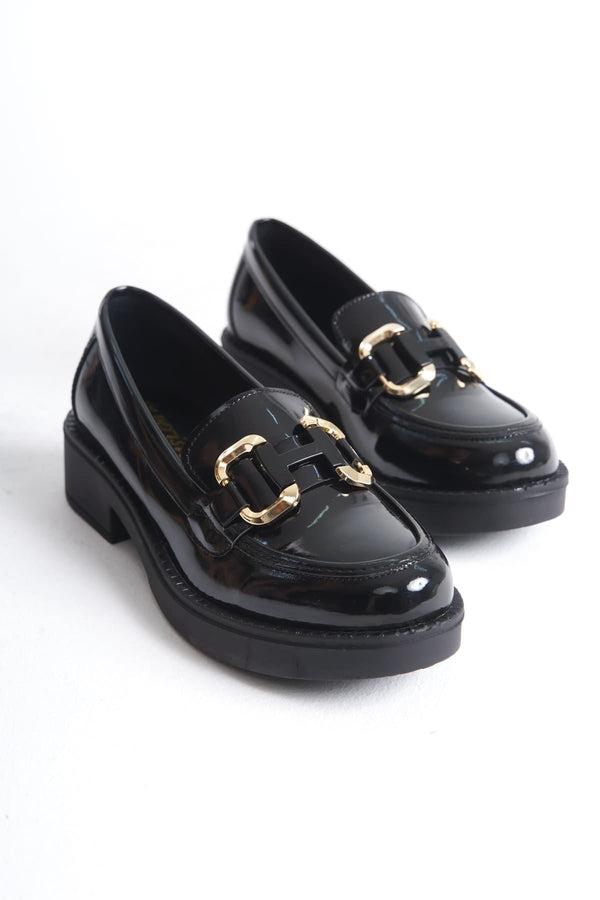 Scarpax Caro Rugan Siyah Gold Tokalı Kadın Loafer - SCARPAX