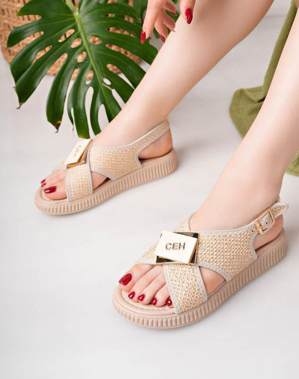 Scarpax Cate Bej Hasır Cilt Sandalet