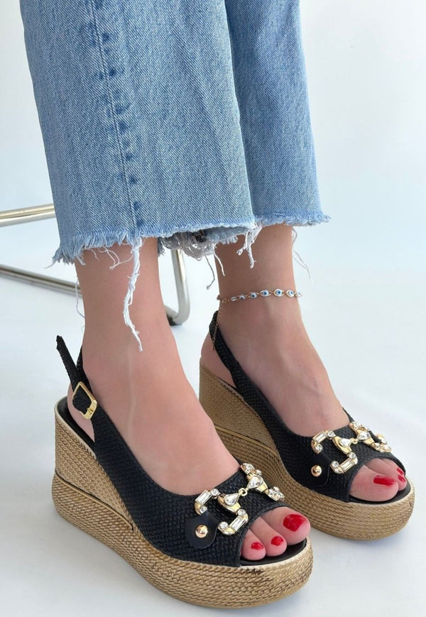 Scarpax Caver Siyah Cilt Dolgu Topuk Sandalet