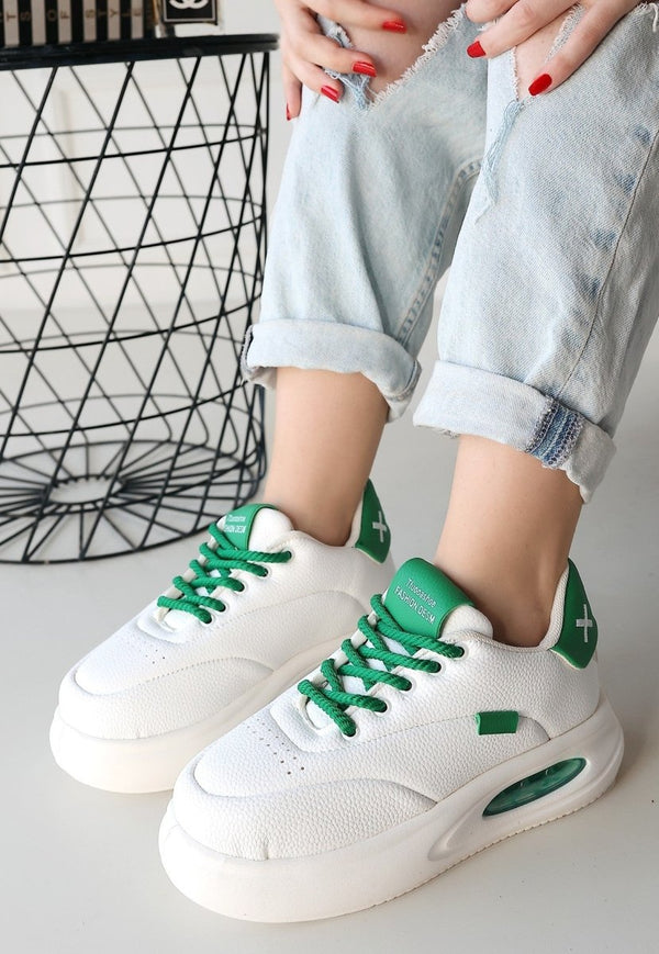 Scarpax Chris Beyaz Cilt Yeşil Detaylı Bağcıklı Spor Ayakkabı