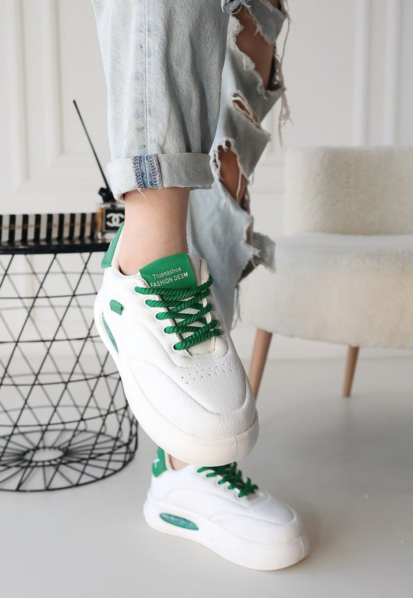 Scarpax Chris Beyaz Cilt Yeşil Detaylı Bağcıklı Spor Ayakkabı