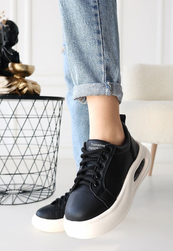 Scarpax Chris Siyah Cilt Bağcıklı Spor Ayakkabı