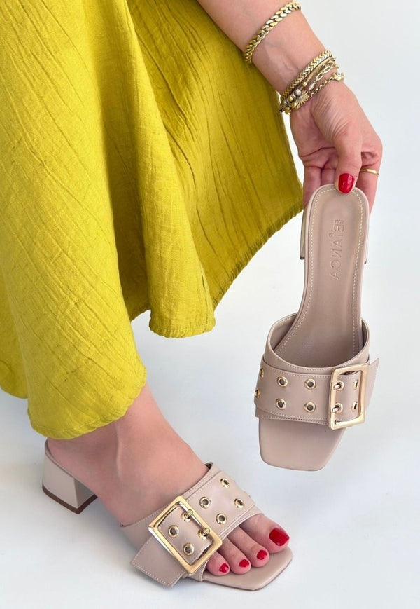 Scarpax Ciey Bej Cilt Topuklu Terlik