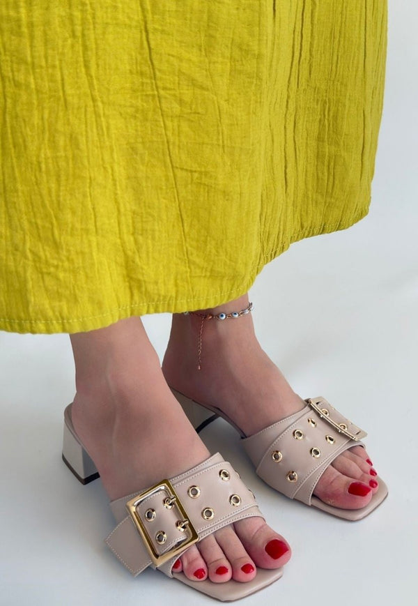 Scarpax Ciey Bej Cilt Topuklu Terlik